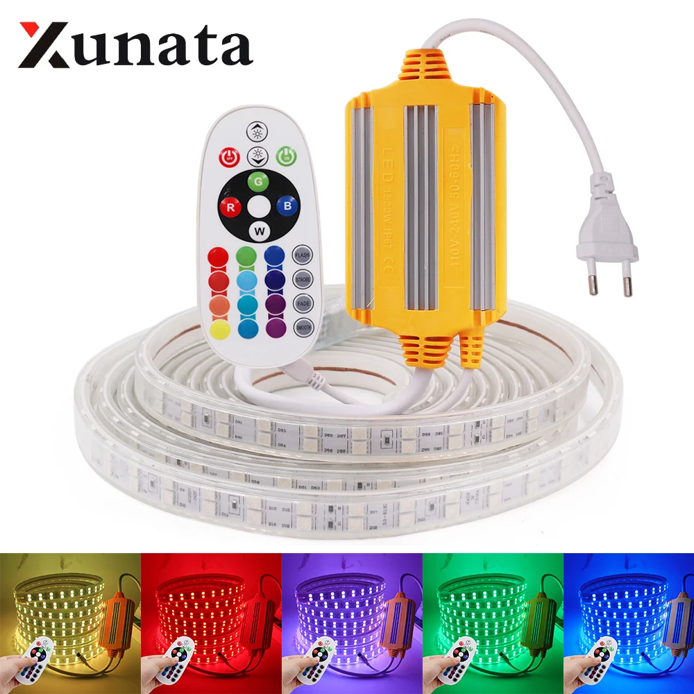 conduziu a luz de tira rgb 5050 60 120leds m fita flexivel uso exterior impermeavel tira clara conduzida com controle remoto ir 220v 01