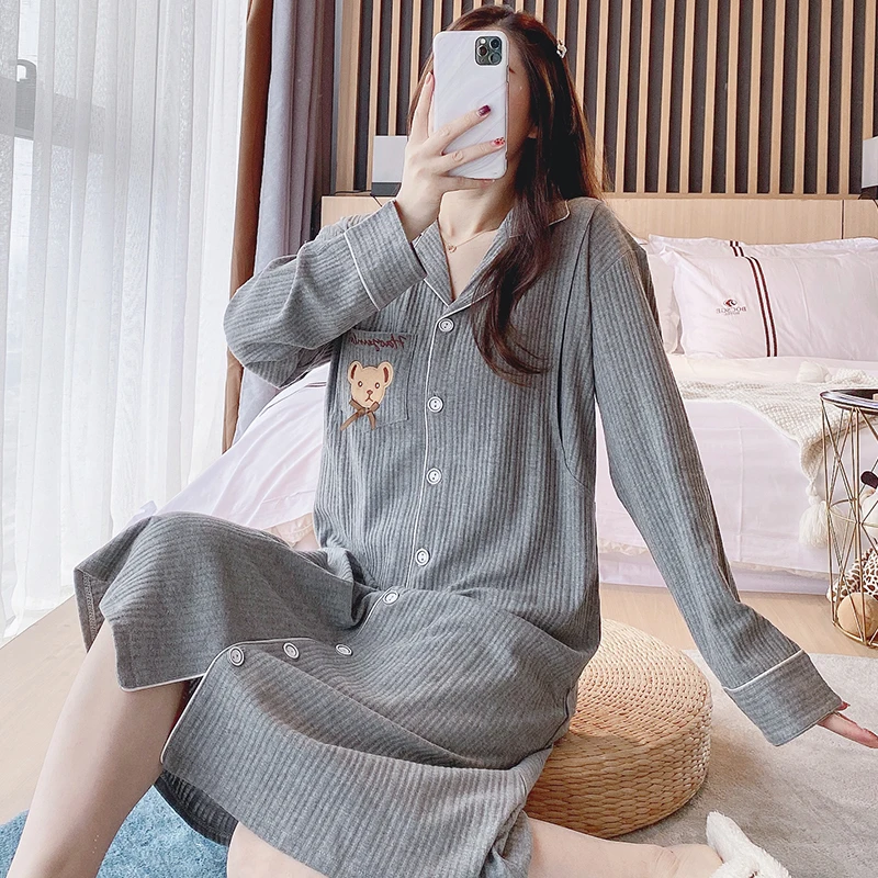 100% Cotton Maternity Nursing Night Dress Spring Autumn Sleepwear Clothes for Pregnant Women Pregnancy Feeding Home Lounge Wear