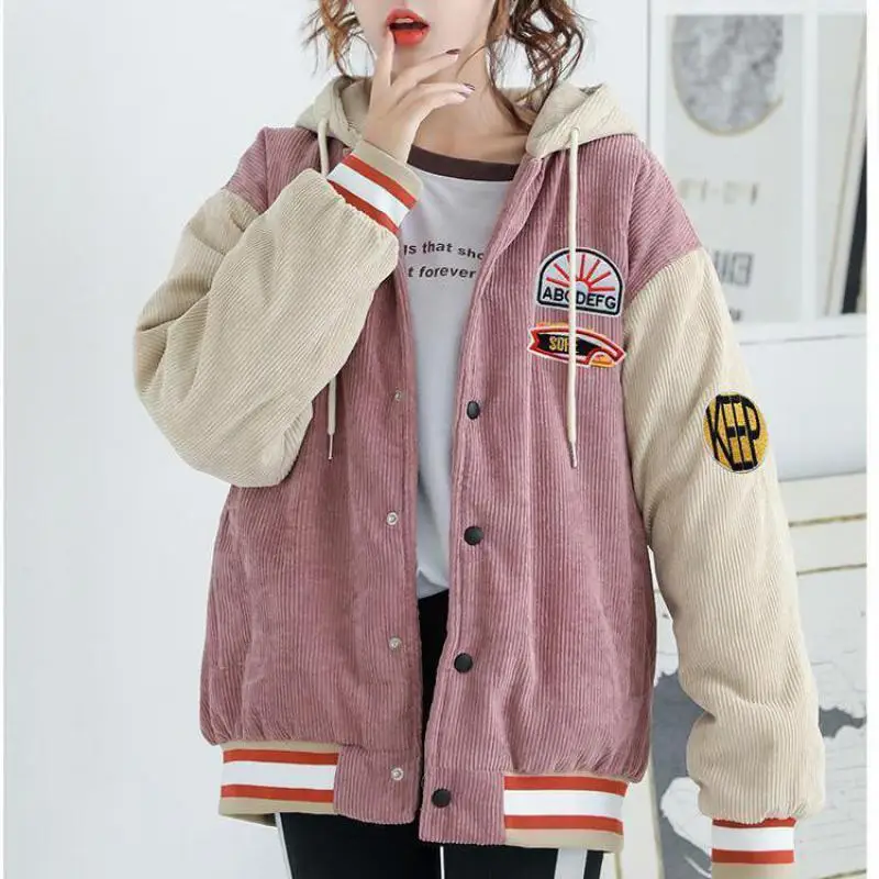 Winter Fashion Blue Plus Velvet College Style Women\'s Hoodie Casual Corduroy Stitching Harajuku Letter Coat Cardigan Sweatshirt