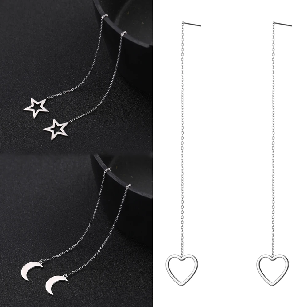 Teamer Stainless Steel Earrings for Women Long Line Chain Korean Star Moon Heart Earrings Fashion Jewelry Linear Threader