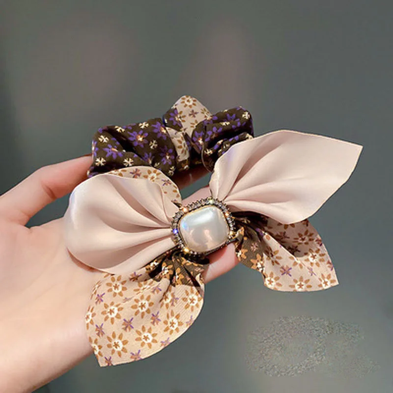 Korean Fashion Simple Bow Scrunchie With Pearl For Women Elastic Rhinestone Hair Bands Girls Ribbon Hair Ties Vintage Headwear