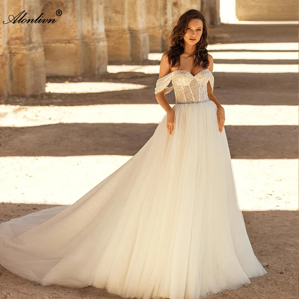 

Alonlivn Chic Tulle Sweetheart A-Line Wedding Dresses Beading Pearls Sequined Off The Shoulder Bridal Gowns