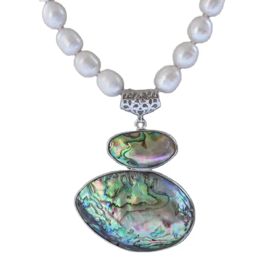 

MCT·STAR Z11069 17" 50mm White Rice Pearl Necklace Double Peacock Abalone Pendant