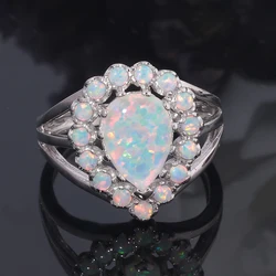 CiNily Created White Fire Opal Rings Silver Plated Water Drop Gemstone Rings for Women Party Fashion Jewelry Gift Ring Size 6-11