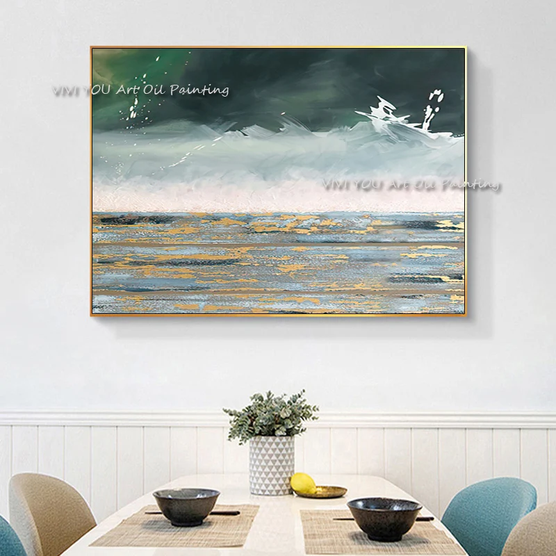 Hand painted Modern Picture Hand painted Abstract Ocean Oil Painting Green Home Wall Decor Art on Canvas For Living Room