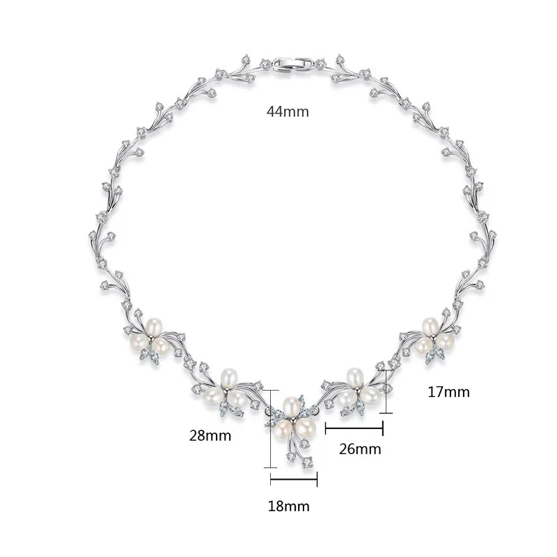 FXLRY Romantic Freshwater Pearl Bridal Flower Clear CZ Crystal Necklace Earrings Set For Women Jewelry