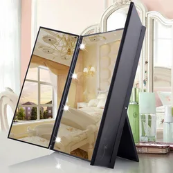 Espelho de Maquiagem Tri-Fold com Luz LED Viagem Portátil Compact Pocket Espelhos Viagem Fold Cosmetic Mirror Vogue Square Student