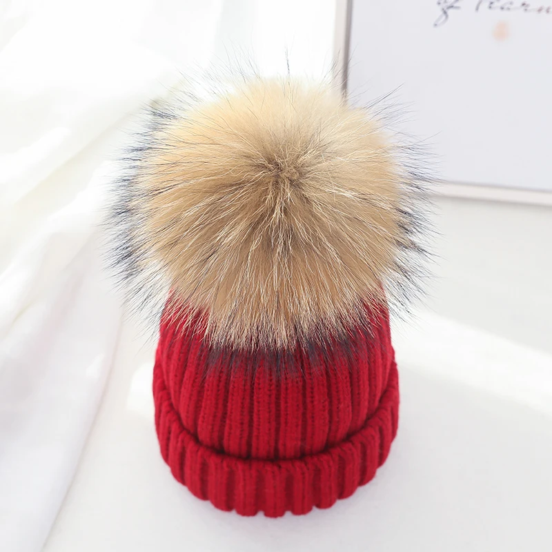 New Raccoon Fur Ball Cap Pom Poms Winter Hat for Women Knitted Hat Girl Knitted Beanies Cap Thick Warm Female Girls Pompom Cap