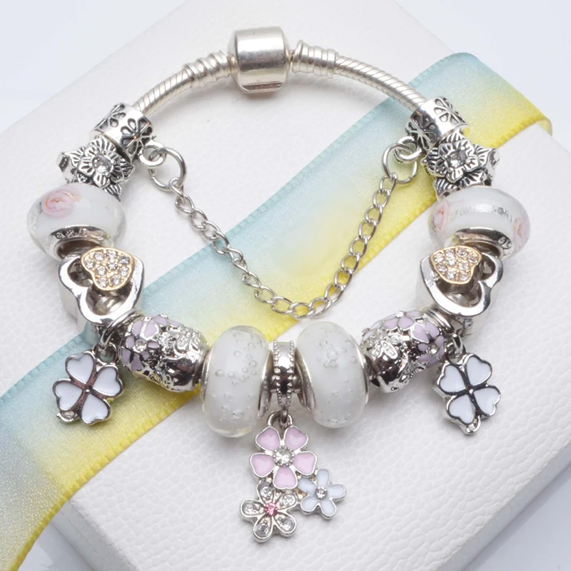 Cherry Blossoms Pendant Charm Bracelets With White Love Heart & Crystal Beads Brand Bracelets Bangles For Women Fashion Jewelry