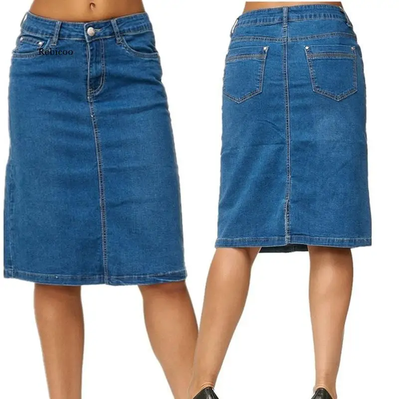 Denim Skirt Women Fashion Casaul Stretch Knee Length Washed Denim Blue Skirts  Pockets Pure Color Office Female Skirts