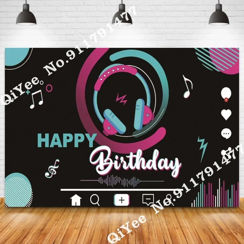 Custom Black Tok Pop Music Melody Play Backdrop Girl Birthday Party Room Decor Dynamic Tik Musical Note Headset Photo Banner