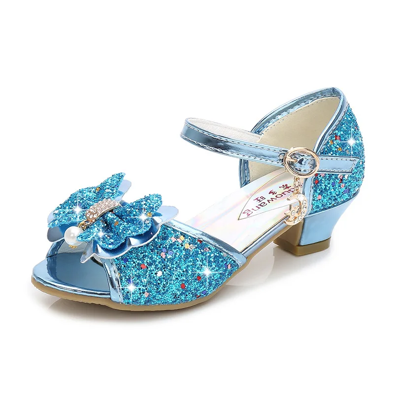 Sandalias para niñas con diamantes de imitación y mariposa, zapatos de baile latino para niños, Princesa de zapatos de tacón alto, de cuero