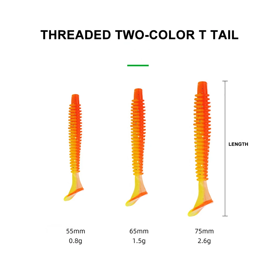 50Pcs/Lot 0.8g/1.5g/2.6g Thread Two Color T-Tail Soft Lure Silicone Swimbait Shad Worm Soft Fishing Bass Pike Fishing Tools