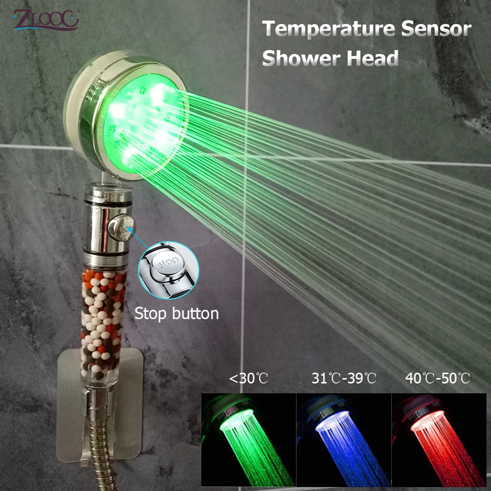 Zloog 3/7 Color Changes Temperature Sensor Handheld Mineral Anion Filter Spa High Pressure Bathroom Led Shower Head