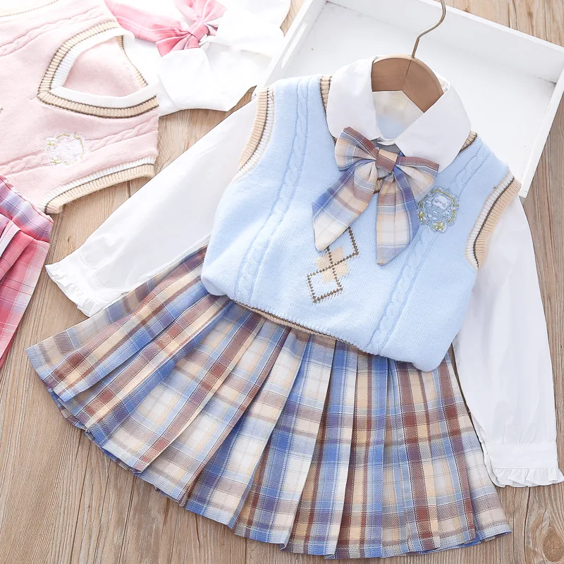 Girls JK College Style Suit Autumn Winter New Sweater Vest Doll Collar Shirt 3 Pieces Pleated Skirt Boutique Kids Clothing Set