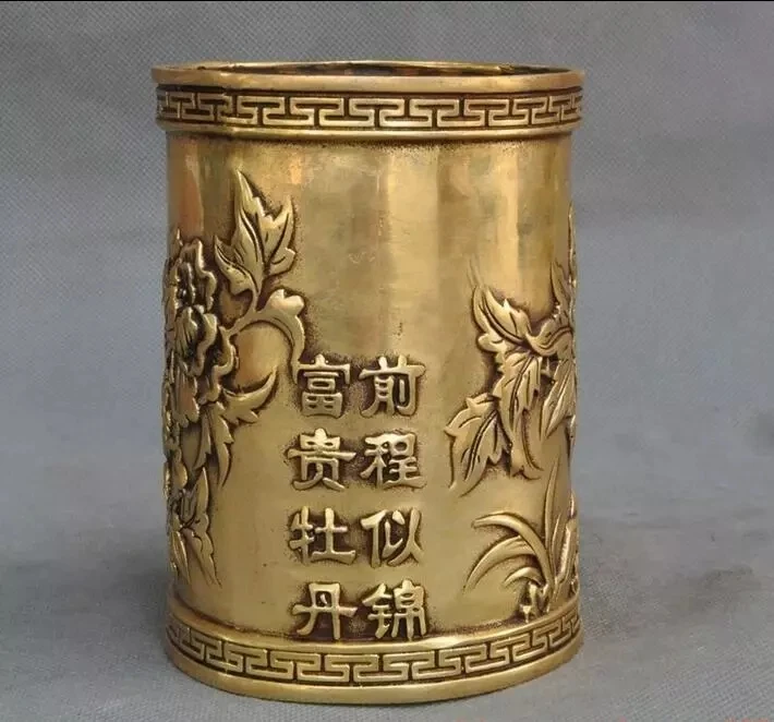 china brass fengshui rich Peony Peonies Magpie bird statue Brush Pot pencil vase