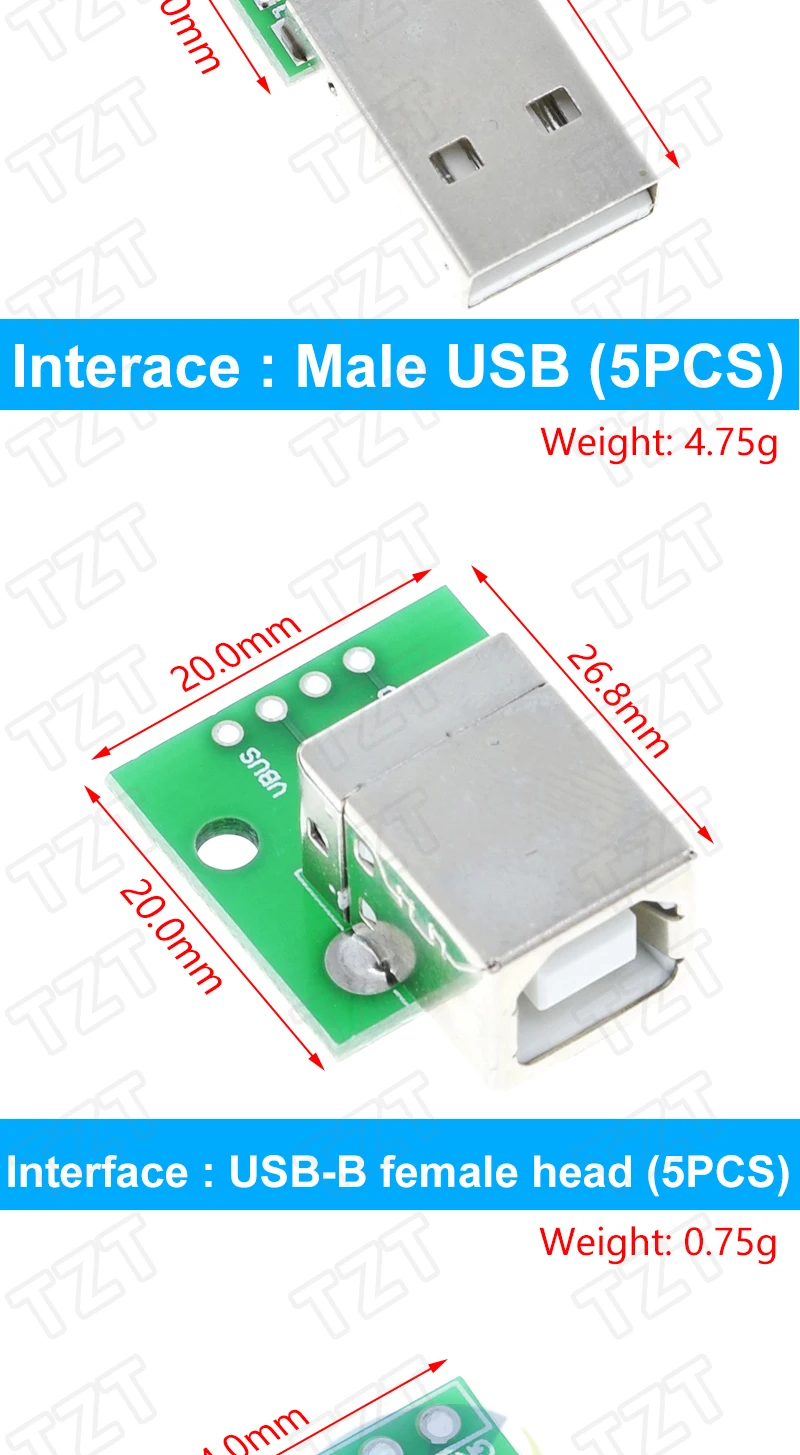 TZT USB-Stecker / MINI MICRO USB auf DIP-Adapter, Buchse 2,54 Stecker B Typ-C USB2.0 3.0 Buchse Konverter – Detail 3