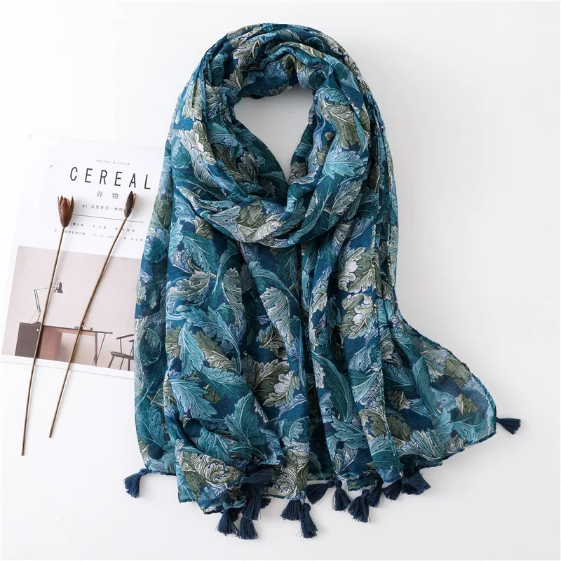 Fashion Autumn Aztec Ethnic Turquoise Floral Tassel Viscose Shawl Scarf Women High Quality Soft Hijabs and Wraps Muslim Sjaal