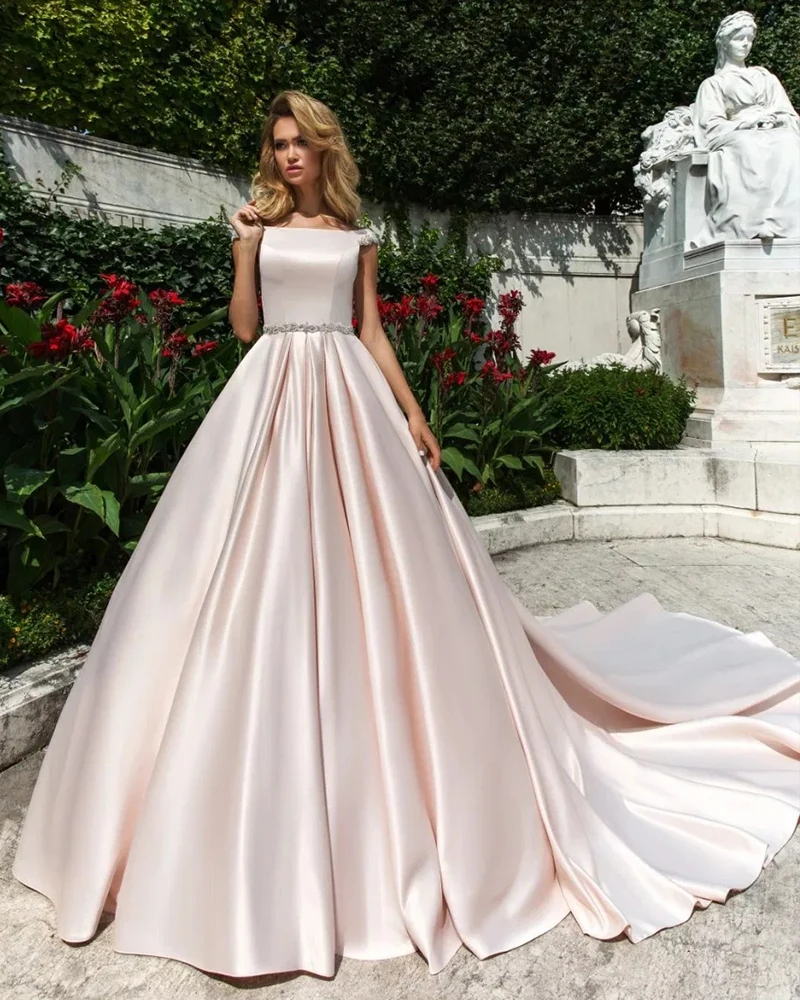 Vestidos de casamento de cetim elegante mais tamanho vestido de casamento boné manga botão miçangas pérolas vestidos de noiva mais tamanho