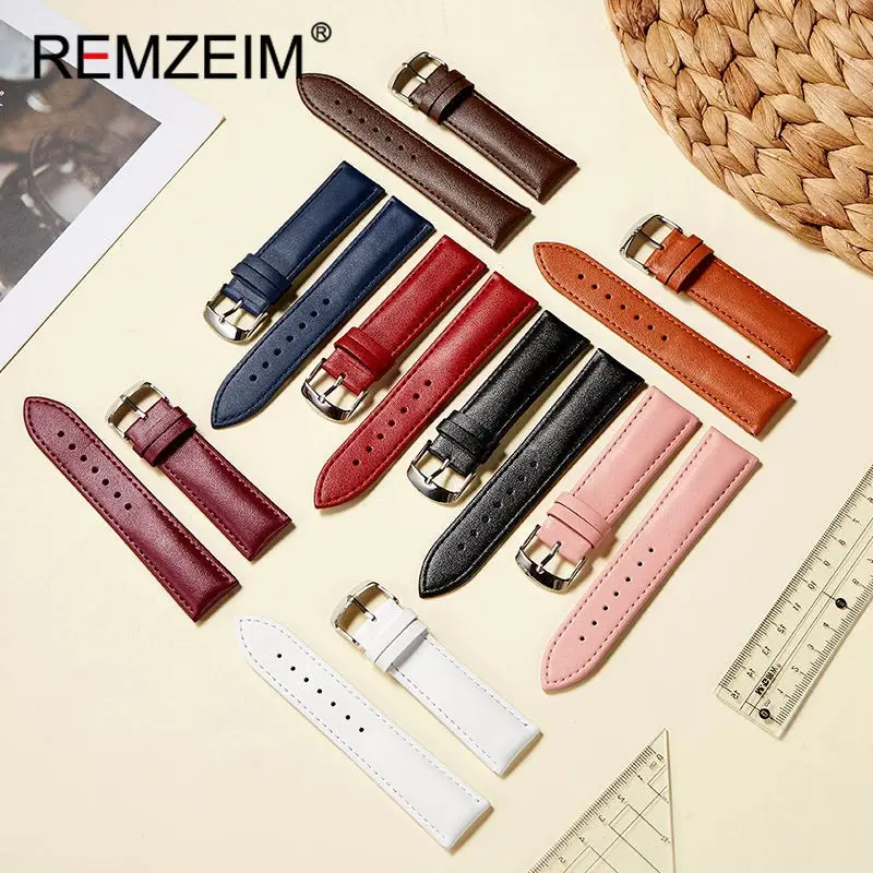 Universal Smooth Genuine Leather Watchband 14mm-22mm Pink/Blue/Brown/Purple/Black/White Breathable Calfskin Strap Quartz Watch