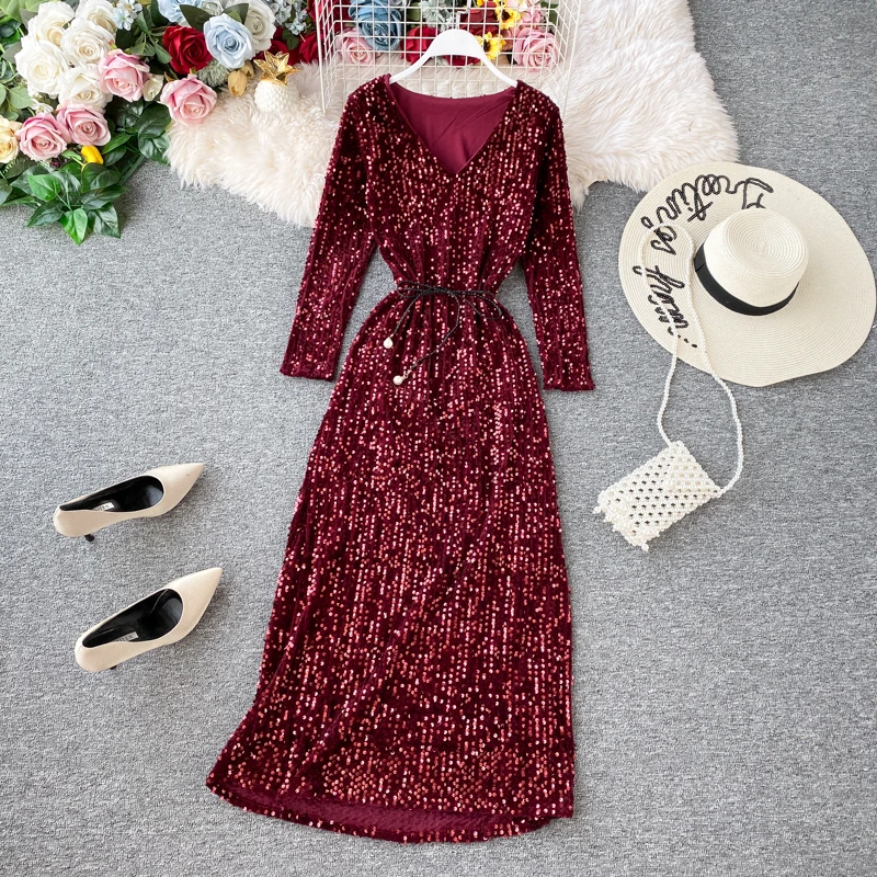 Women's Party Dress Long-sleeved Dress New Sequin Temperament Banquet Host Elegant V-neck Waist Lacing Dress Sexy Dress ML454