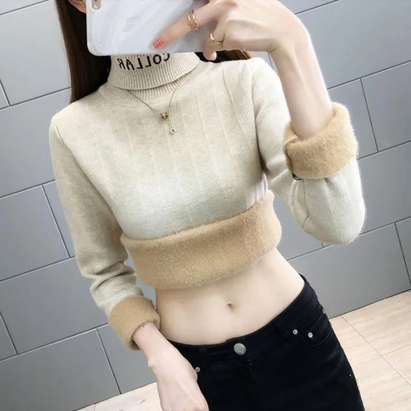 Women Turtleneck Sweater Thick 2022 New Arrival Winter Plus Velvet Keep Warm Female Knitted Pullover Korean Style A112