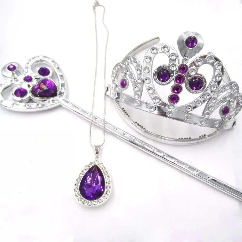 NEW Arrival 3pcs/set Baby Girls Gifts Princess So Purple Teardrop Amulet Pendant Necklaces Tiara Crown Magic Wand Sets For Child