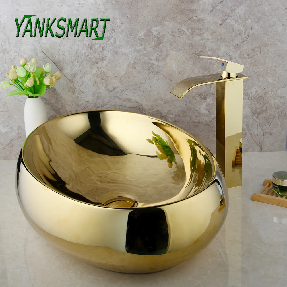 YANKSMART Golden Polished Bathroom Counter Top Washbasin Sink + Faucet Set Single Handle Deck Mounted Cold And Hot Mixer Tap