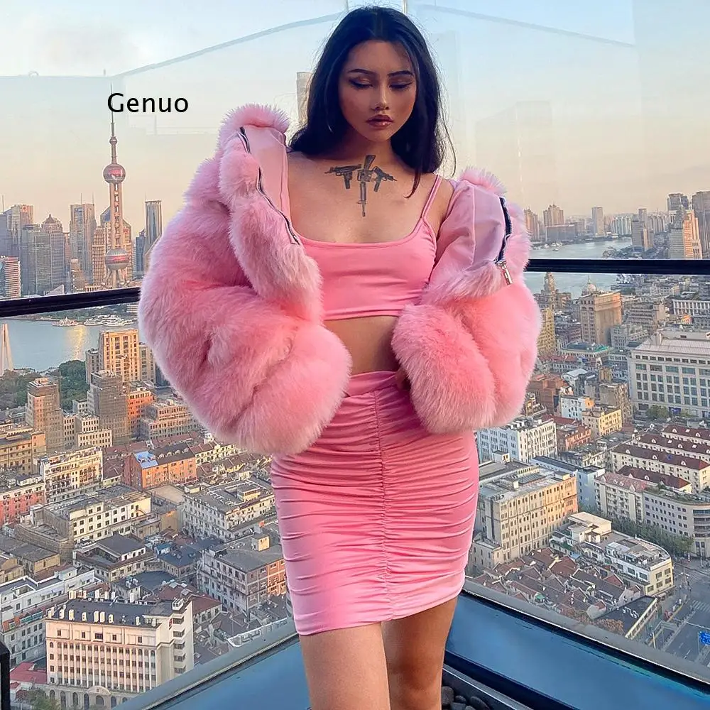 

2021 Winter New Fashion Women Pink Short Faux Fur Coat Female Hooded Long Sleeve Thick Warm Fluffy Artificial Fur Jacket