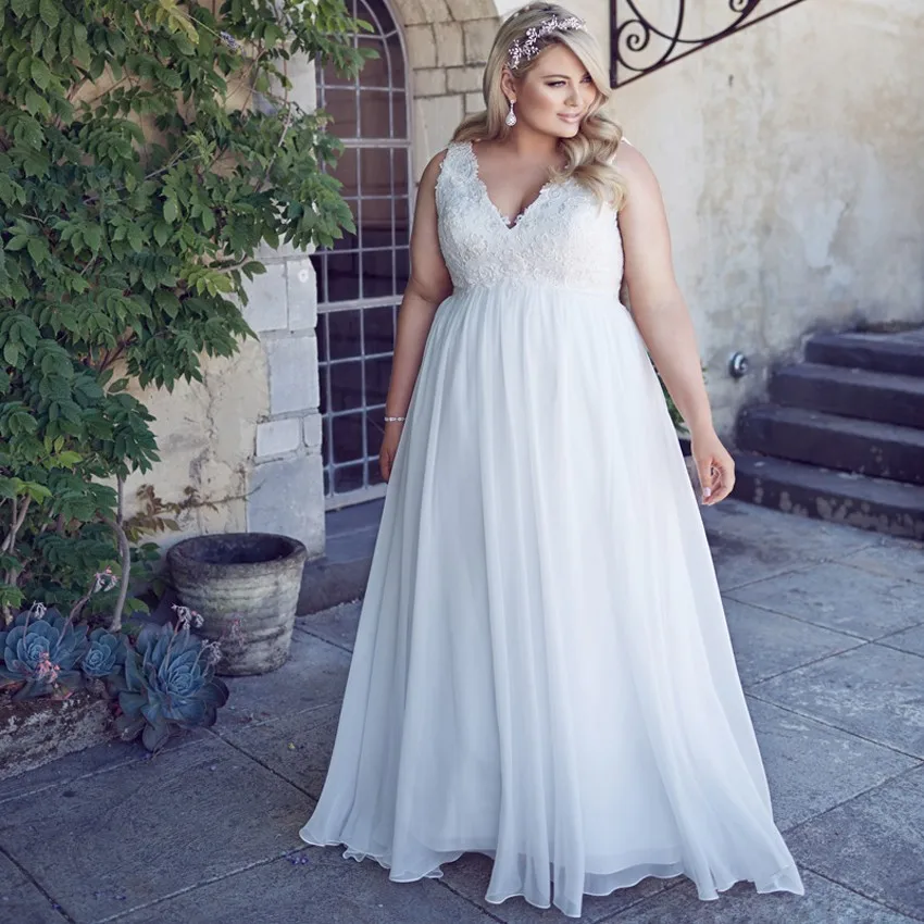 

V-neck Sleeveless Wedding Dress Plus Size Elegant A-line Appliqued Robe de Mariage 2020 Vestidos de novia Chiffon Bridal Gown