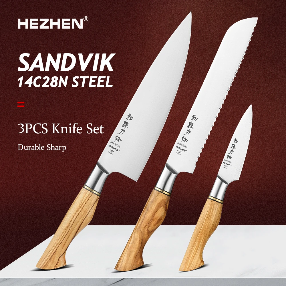 HEZHEN Kitchen Knife 3PC Set Sandvik 14C28N SteelHandle Chef Paring Bread Knife Olive Wood Handle Cut Bread Cake Tools