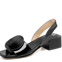 Black White Sandals Women Shoes Summer Square Heels Slip On Office Ladies Shoes Fashion Patent Leather Sandalias Mujeres WSH3893