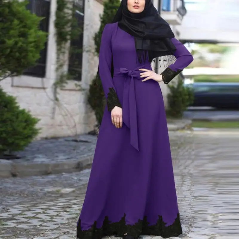 Long Sleeve Muslim Women Long Maxi Dress Abaya Kaftan Robe Robe Lace Patchwork Arab Islam Clothing Autumn Dress Lace Patchwork