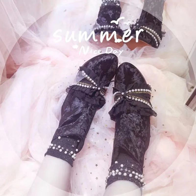 Pearl Lace Suede Princess Black Lolita Booties Bowknot Princess womanShoes Kawaii Girl Tea Party Platform Short Boots cos