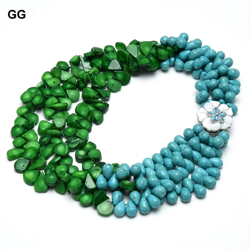 

GG 3 Rows Natural Green Coral Blue Turquoise Teardrop Stone Necklace Handmade Multi Strands Jewelry For Women