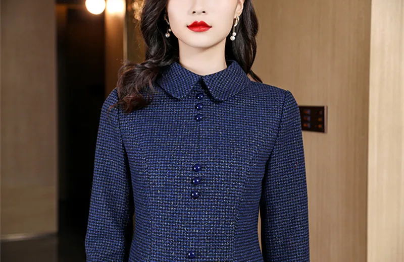 New Autumn Winter Blue Fashion Woolen 2 Piece Set Vintage Women Lapel Single-Breasted Short Jacket Coat + High Waist Skirt Suits