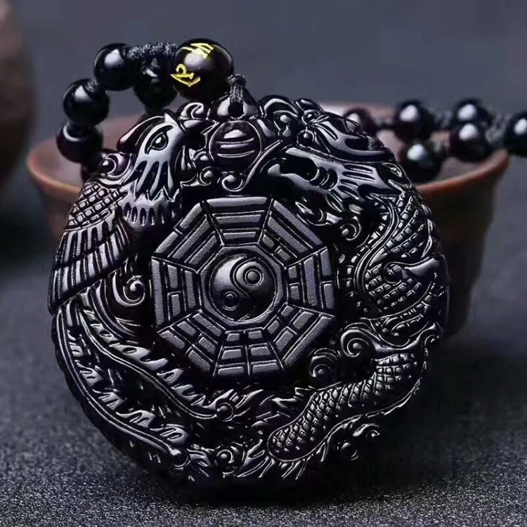 Popular Obsidian Wolf Head Dragon Figure Teng Feng Bagua Pendant Ruyi Elephant Guanyin Buddha Ornament Necklace Bulk Stone Party