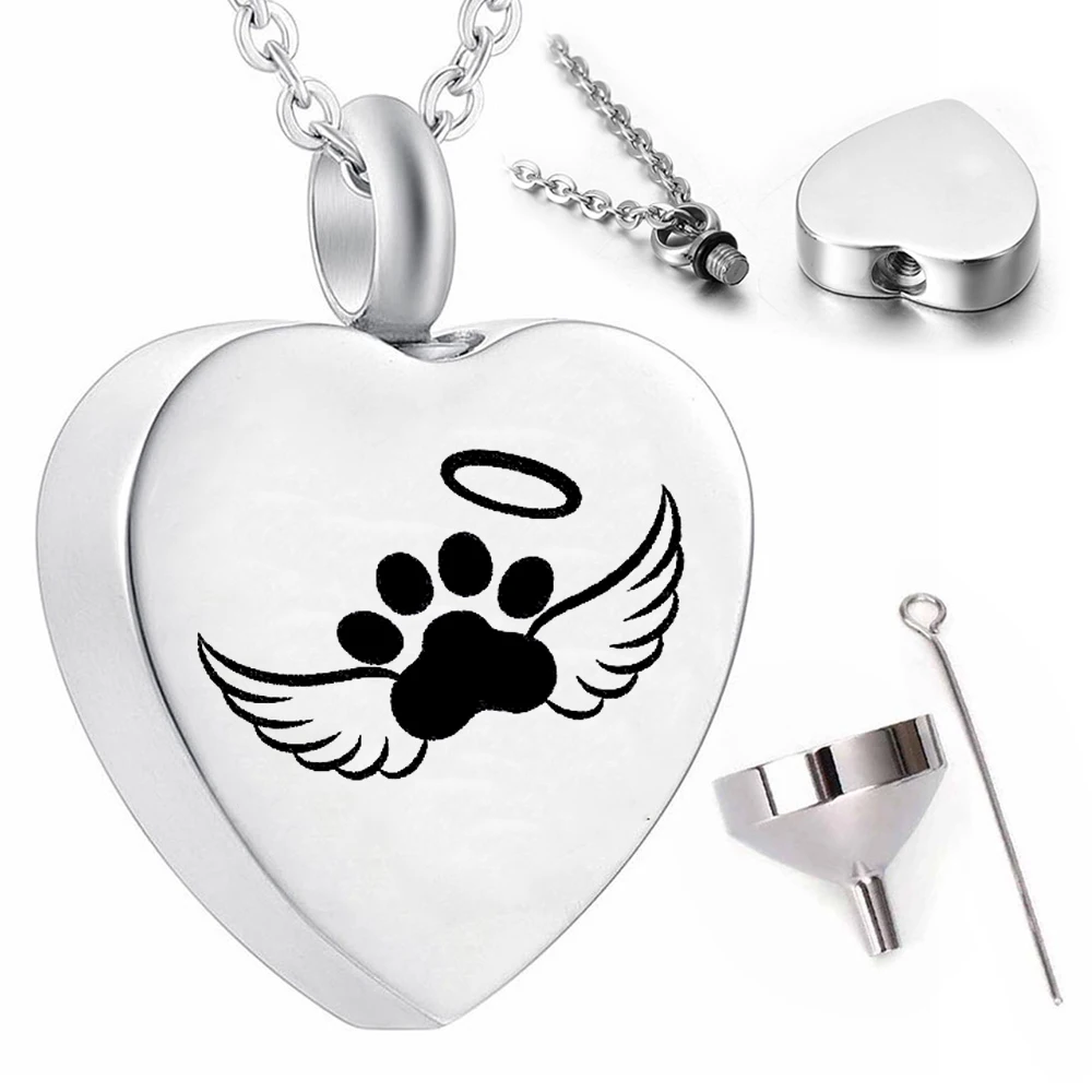 Stainless steel heart-shaped urn necklace cremation jewelry keepsake  Angel wings pet dog pendant  ashes urn