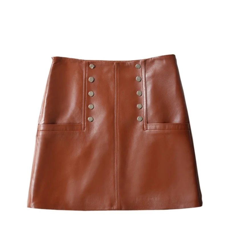 Women Fashion A Line Mini Skirt Black Punk Rivet Skinny Faldas Mujer Sexy Short High Waist Genuine Leather Female Party Skirts