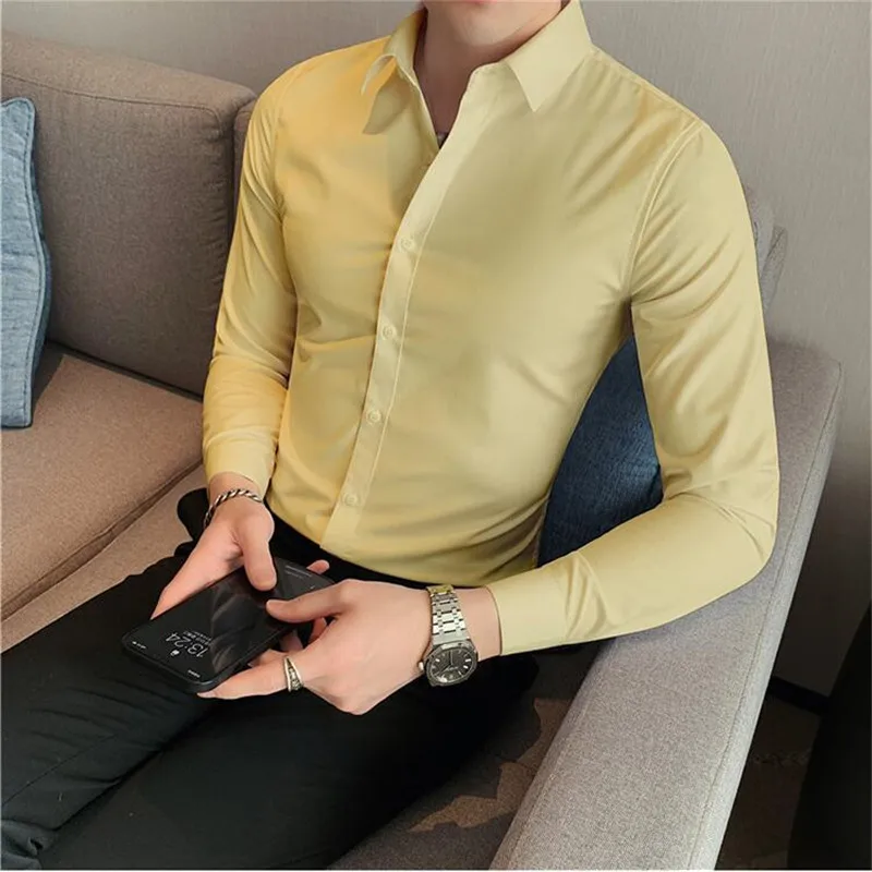 High Quality New Solid Dress Shirt Men Long Sleeve Fashion Slim Male Social Casual Business Shirt Black White Green Dress Shirt