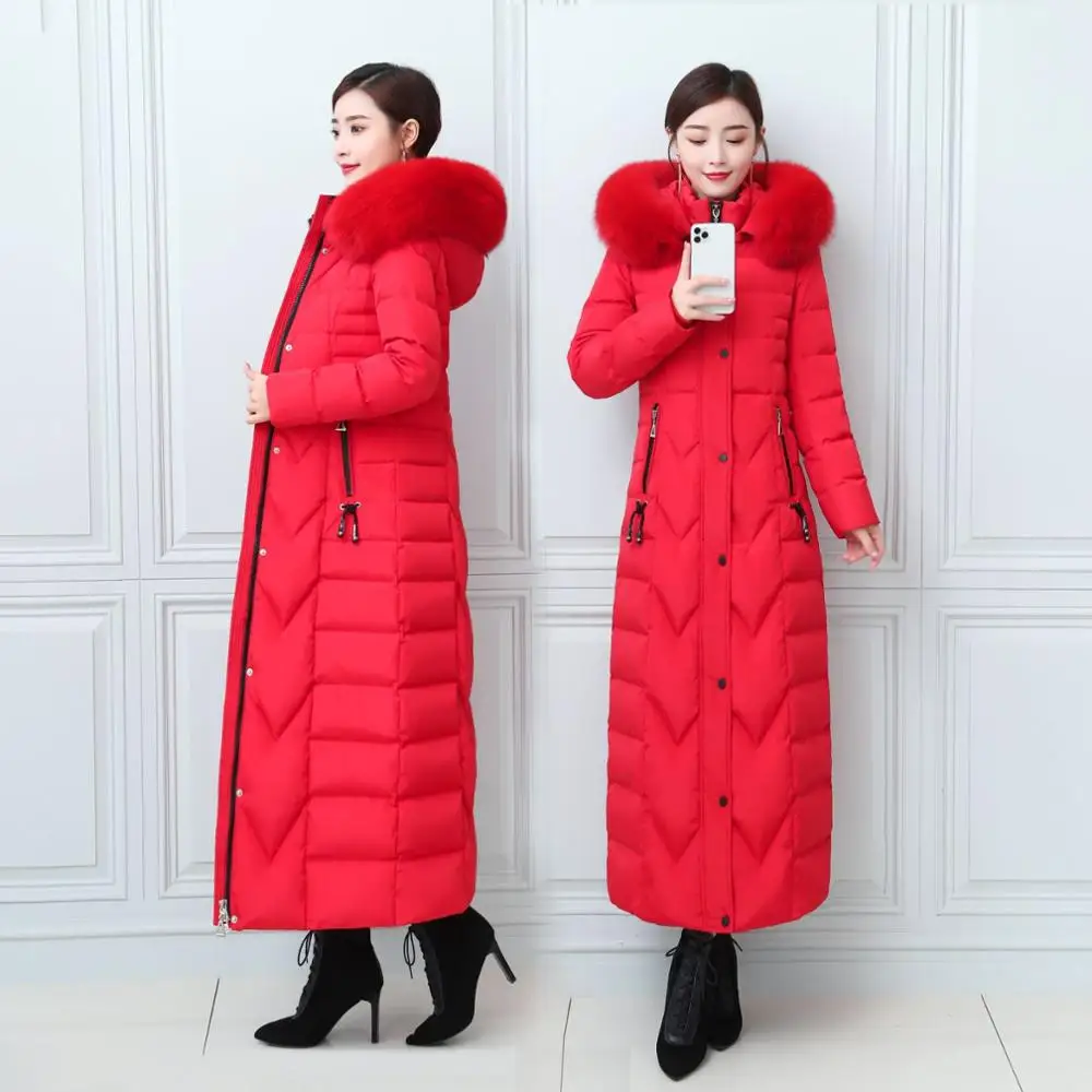 4XL fashion 125cm X-long real fox fur down coat female thicker warm Down Jacket big real fox fur collar hooded Parkas F2212