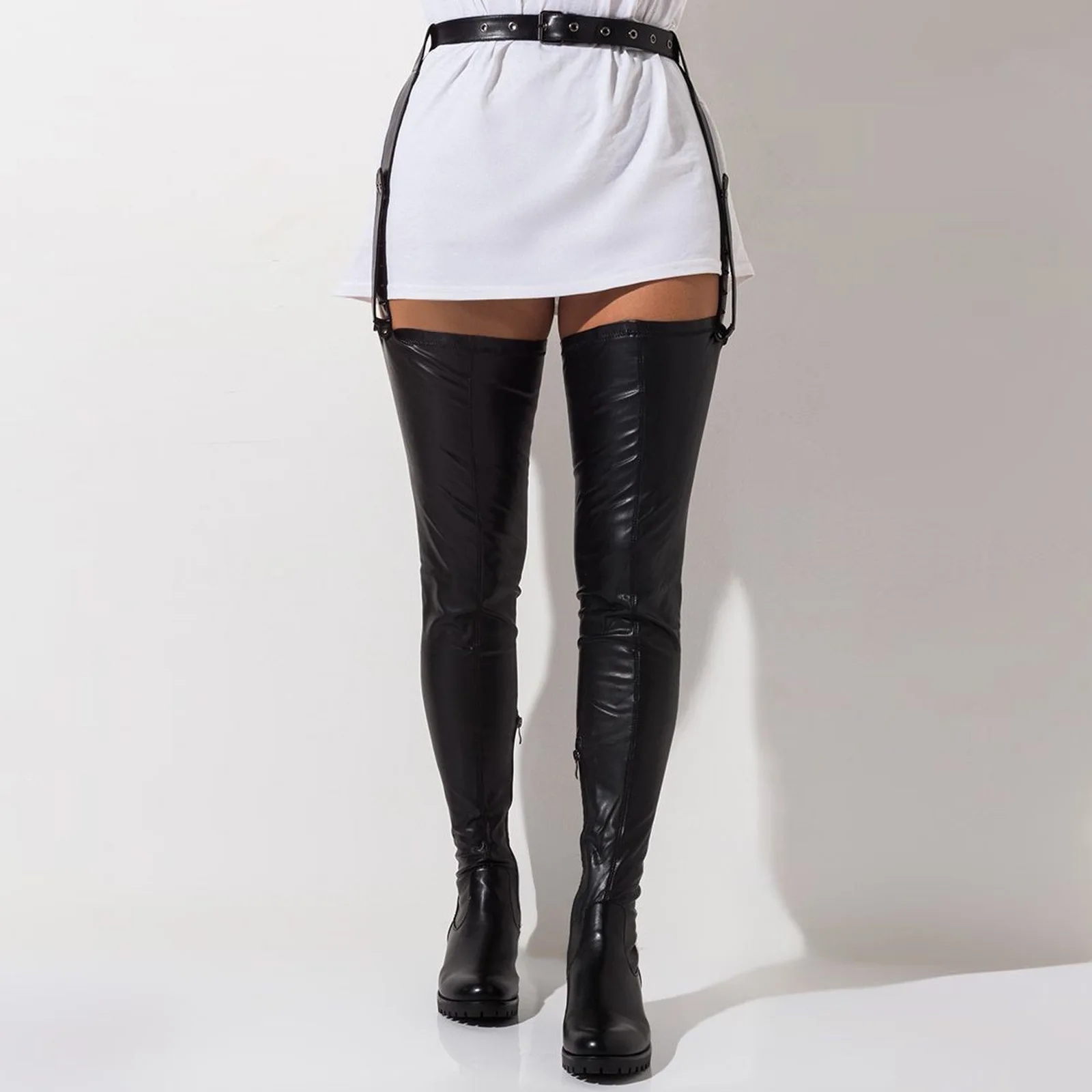 Black matte leather over the knee stretch thigh boots straight fashion waist strap over the knee thigh boots 2022 trend new