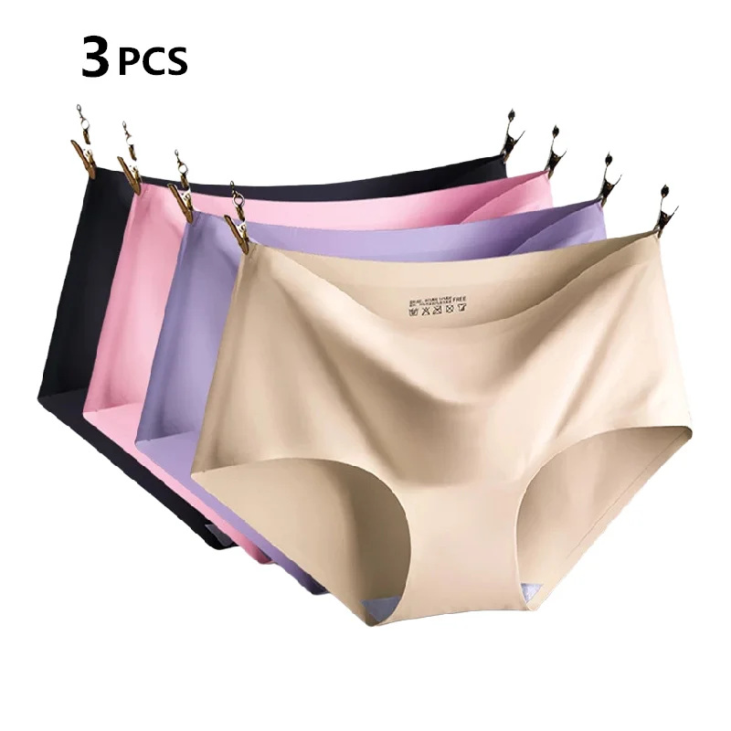 3Pcs Seamless Ice Silk Panties for Women Solid Skin Color Lingerie Comfortable Female Underwear Briefs Knickers Ladies' Innerwea
