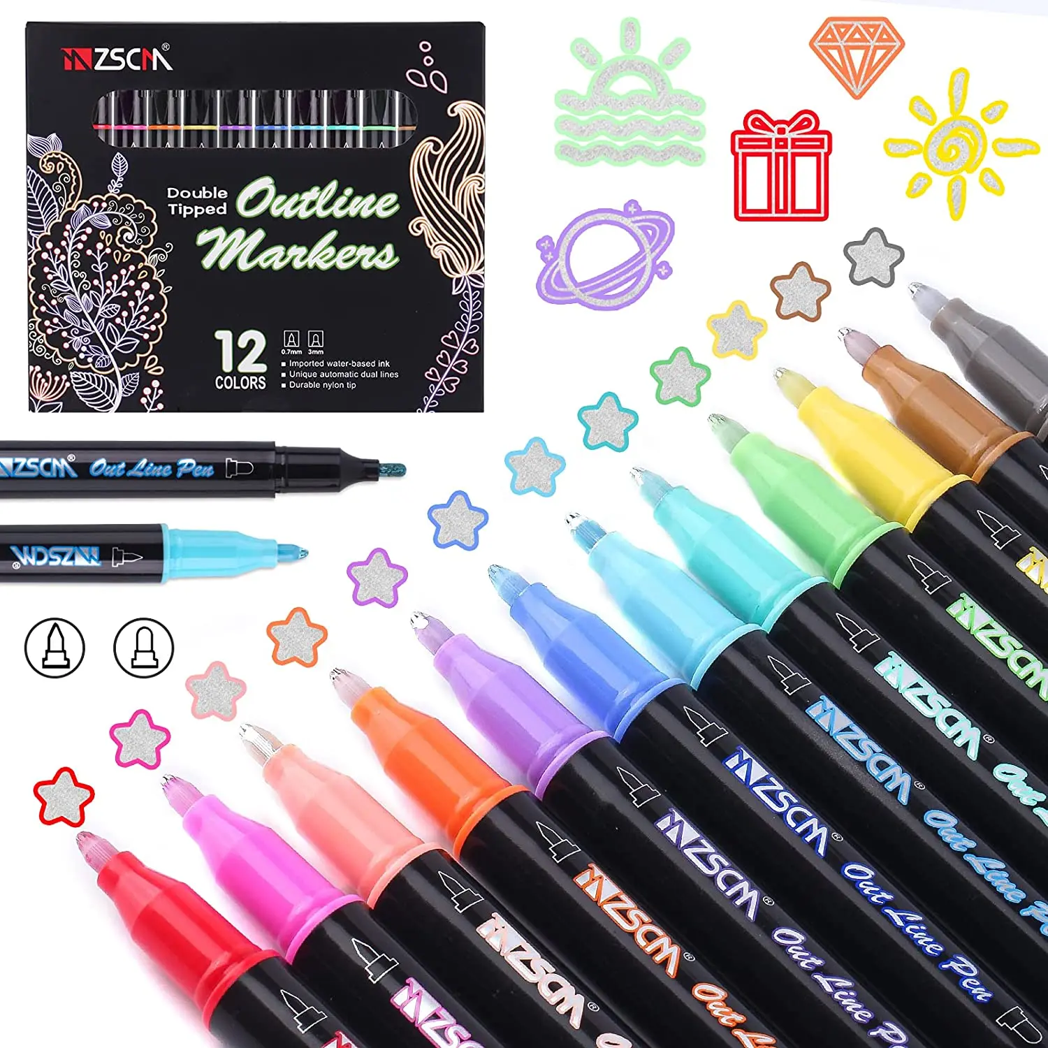 

New Arrive Outline Glitter Shimmer Metallic Markers ZSCM Unique Design Double Tipped 12 Colors Paint Pens DIY Contour Art Pencil