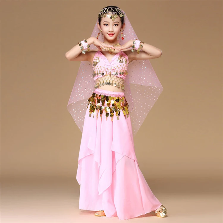 5 ชิ้น/เซ็ตสีชมพูสไตล์ KIDS Belly Dance เครื่องแต่งกาย Oriental เครื่องแต่งกายเต้นรำ Belly Dance Dancer เสื้อผ้าอินเดียเต้นรำเครื่องแต่งกายสำหรับเด็ก