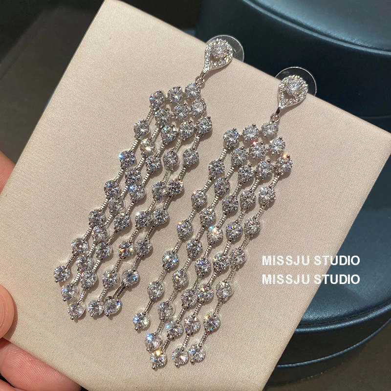 S925 Silver Needle Drop Earrings For Women Super Flash Long Tassels White Cubic Zircon Fine Jewelry Accessories 3