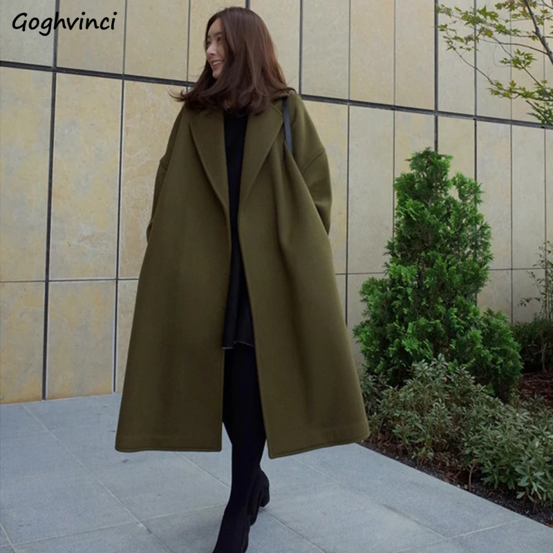 Wool Women Solid Loose Casual Simple All Match Autumn New Trendy Womens Long Coat Open Stitch High Quality Turn-down Collar Chic