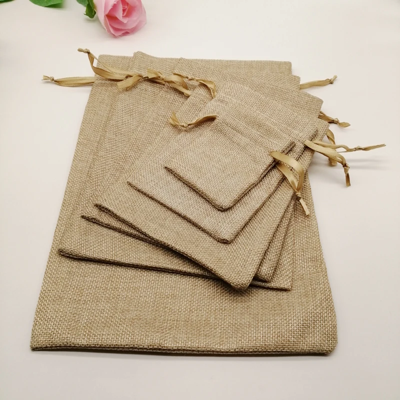 5pcs Linen Gift Bag Ribbon Jute Bag Sack Drawstring Jewelry Bags Pouch For Jewelry Packaging Display Wedding Christmas Gift Bags