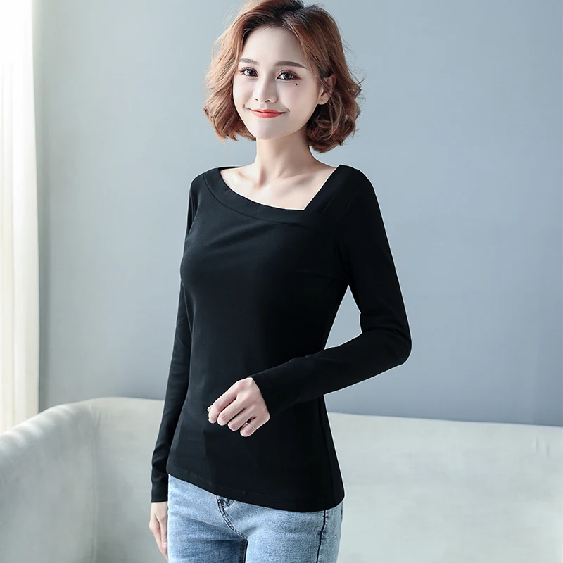 

Women Cotton T-shirt Skew Collar Long Sleeve women shirt All match Lady Top Black White Gray Yellow Shir