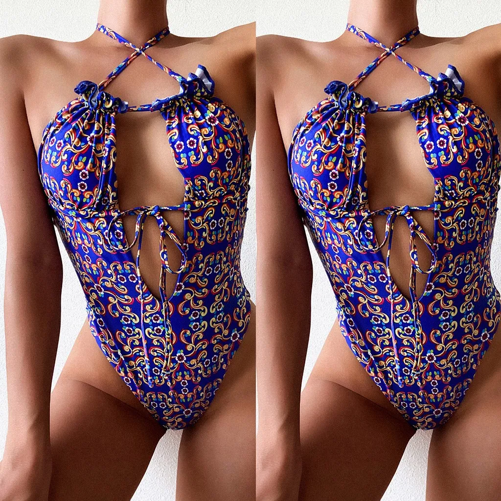 

Flower Print halter one piece swimwear Sexy Women Summer Bathing Suit Women Halter biquini Beach Wear one piece swimsuit#0610y30